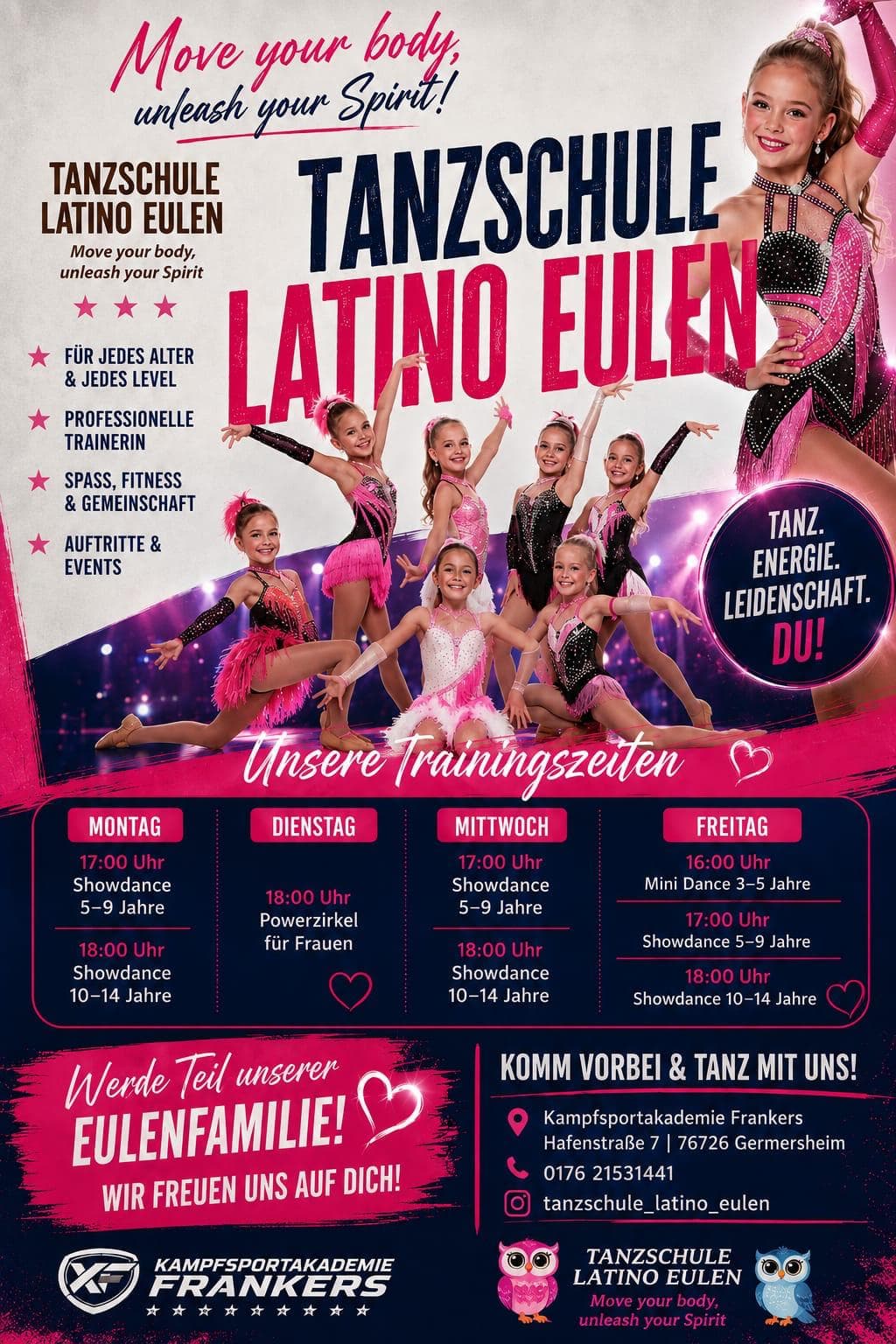 Flyer der Tanzschule Latino Eulen mit Unterrichtszeiten, Adresse und Kontakt