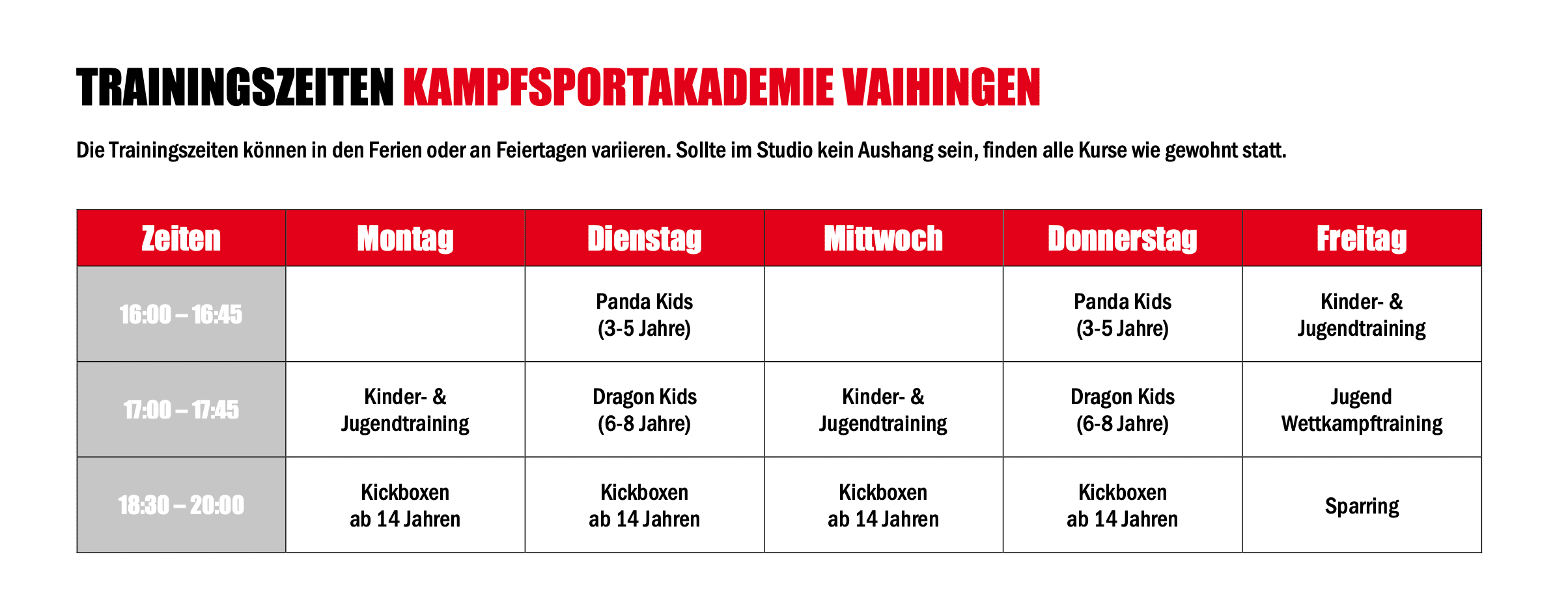 Trainingsplan Kampfsportakademie Vaihingen