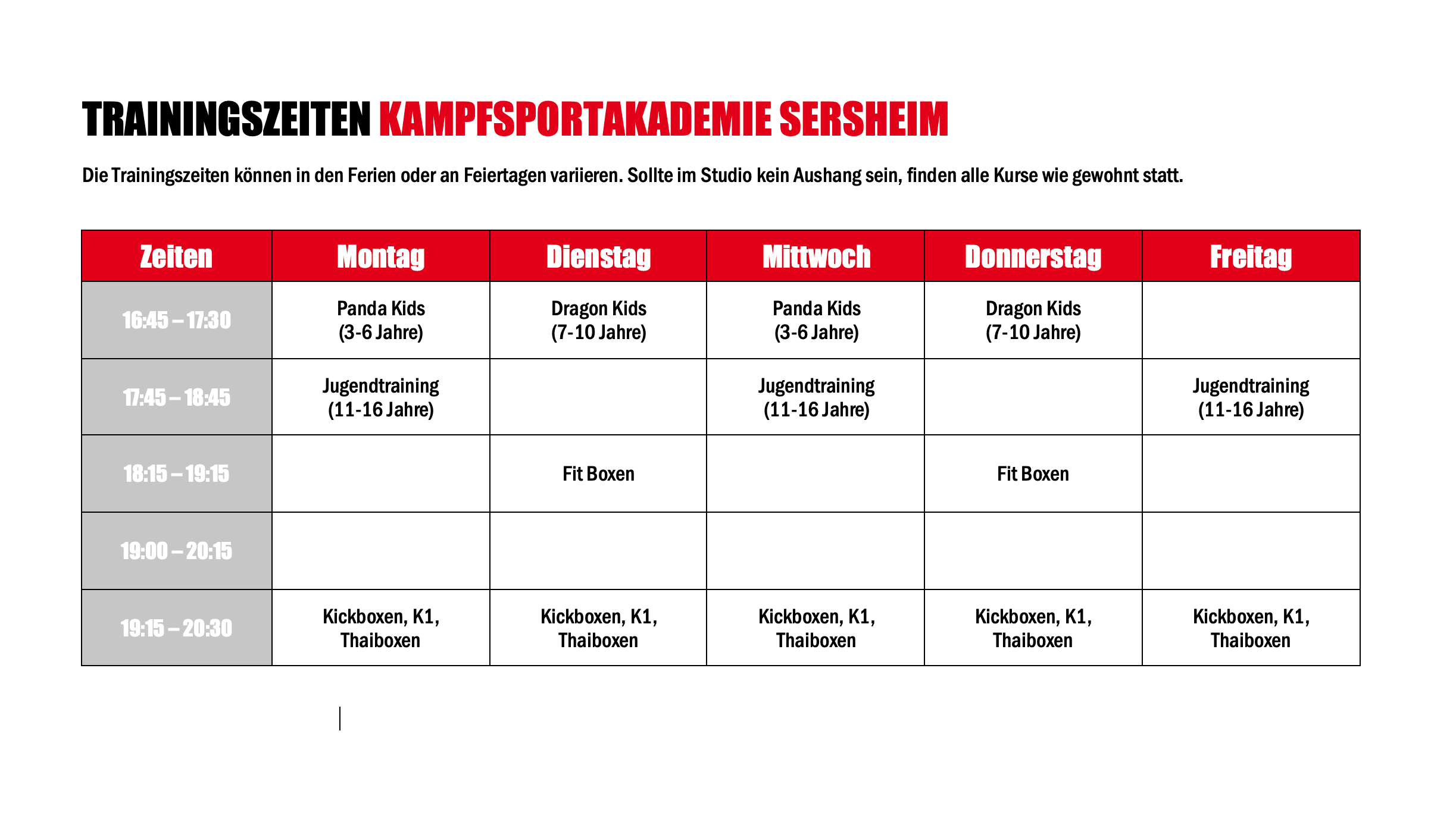 Trainingszeiten Sersheim