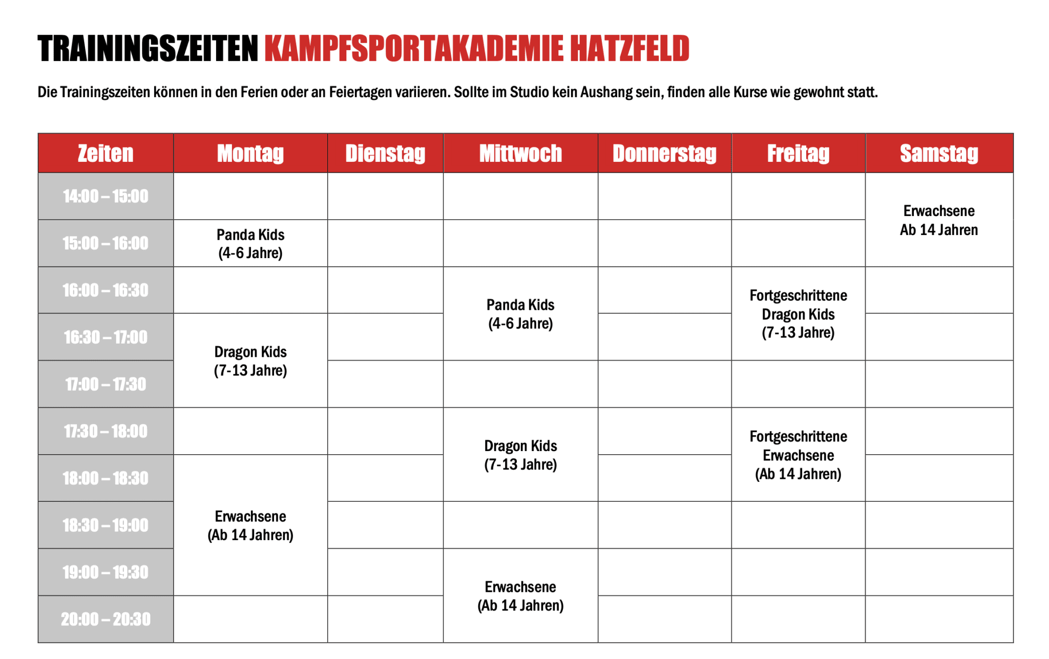 Trainingsplan Kampfsportakademie Hatzfeld