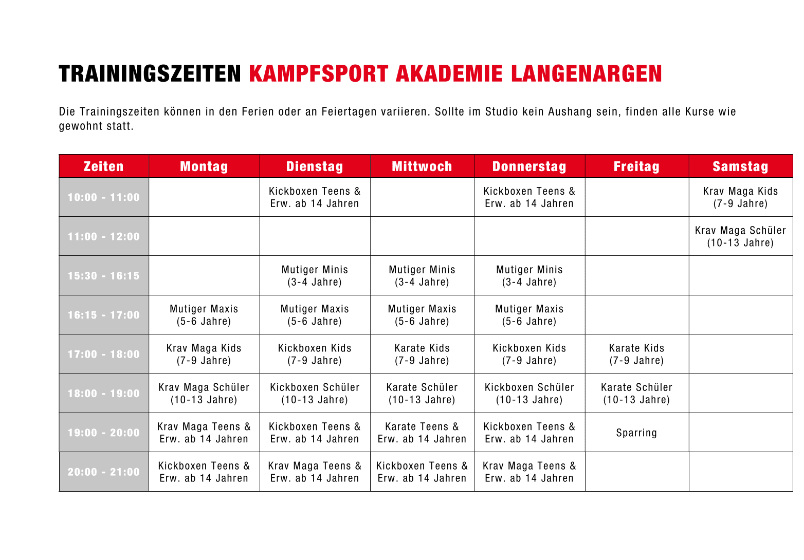 Trainingszeiten Langenargen Trainingsplan