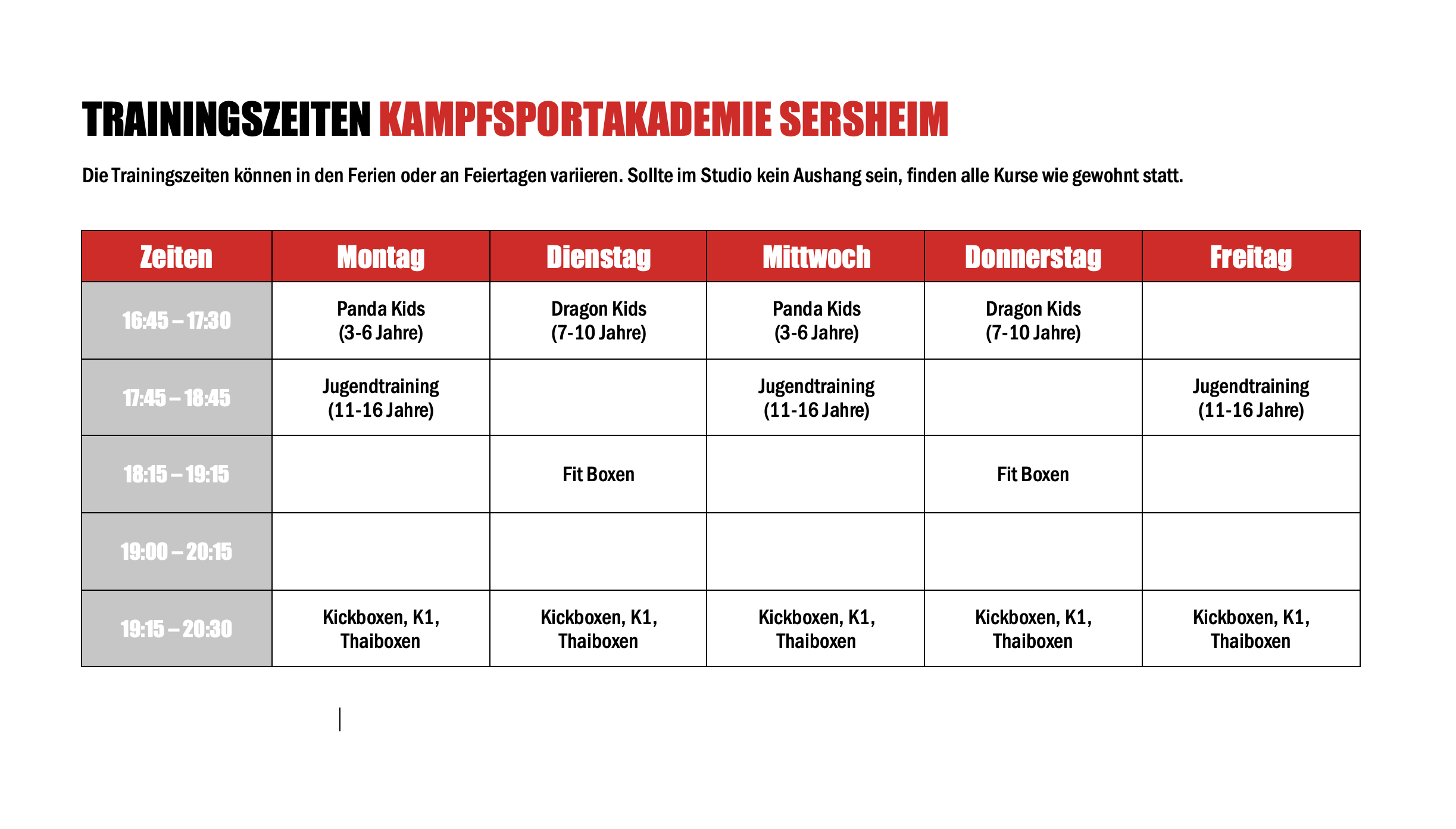 Trainingszeiten Sersheim