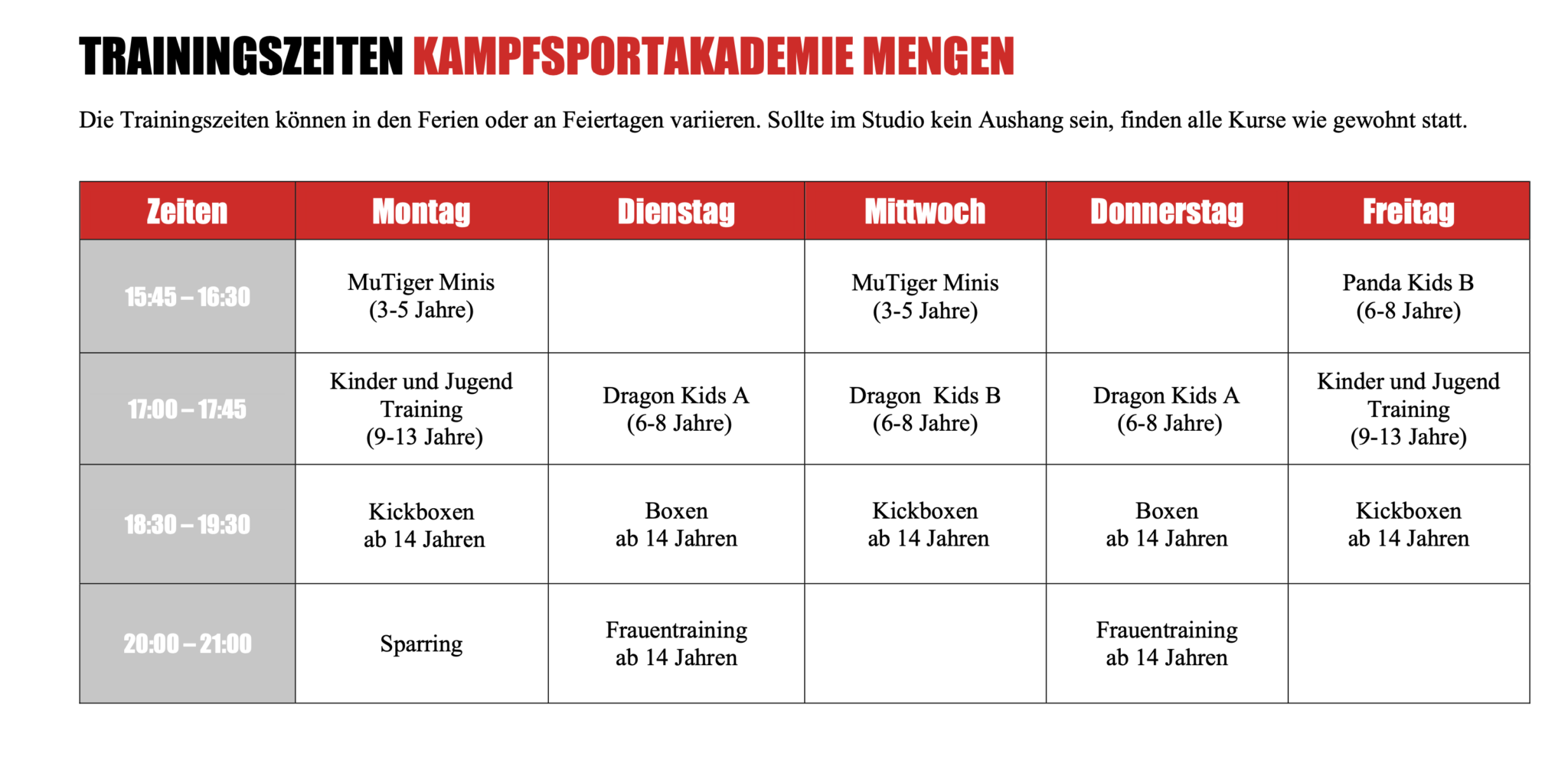 Trainingsuhrzeiten Mengen Kickboxen, Karate für Kinder